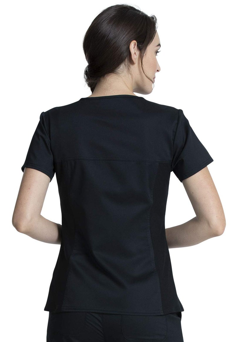 Cherokee V-Neck Knit Panel Scrub Top for Women Modern Classic Fit with Stretch Side Panels & Kangaroo Pocket - WW2875, M, Black - Image 4